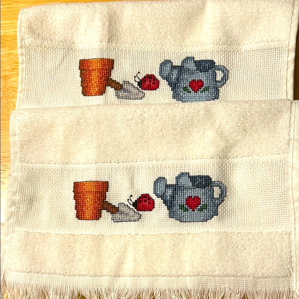 Hand Embroidered white guest Towels with Garden Design
